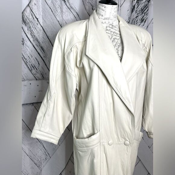 Vintage 80s WINLIT Cream Leather Coat Padded Shoulders Size M - Picture 2 of 12